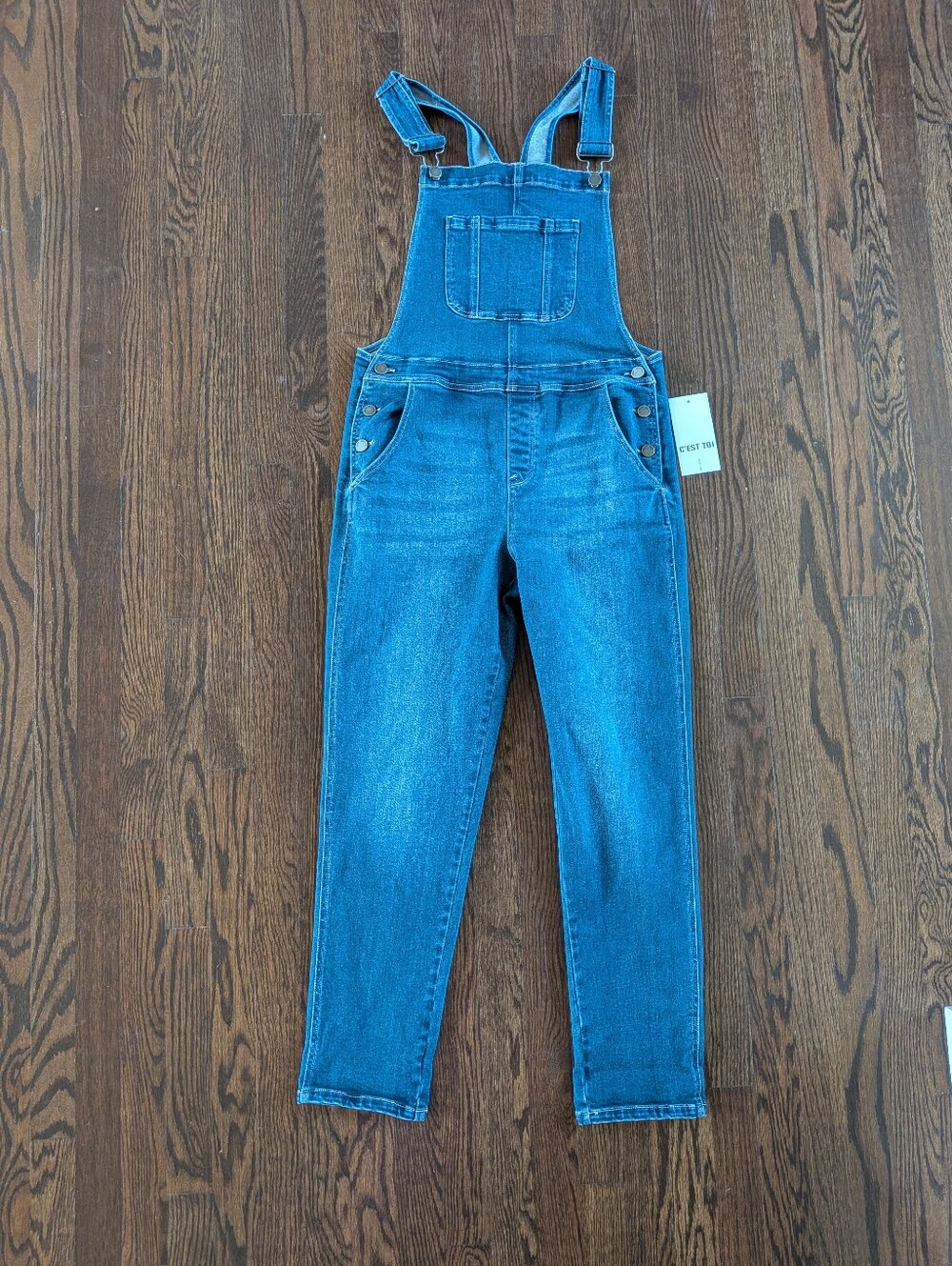NWT C'est Toil Women's Medium Blue Denim Overalls Boyfriend Stretchy Material